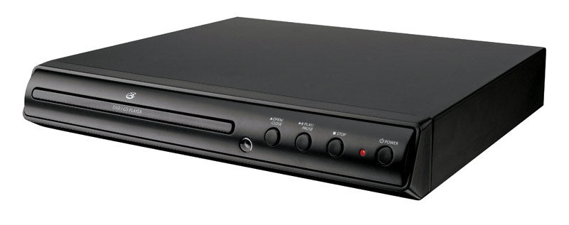 Emery Jensen DVD player with single 2-channel output, black rectangular device with control buttons on top.