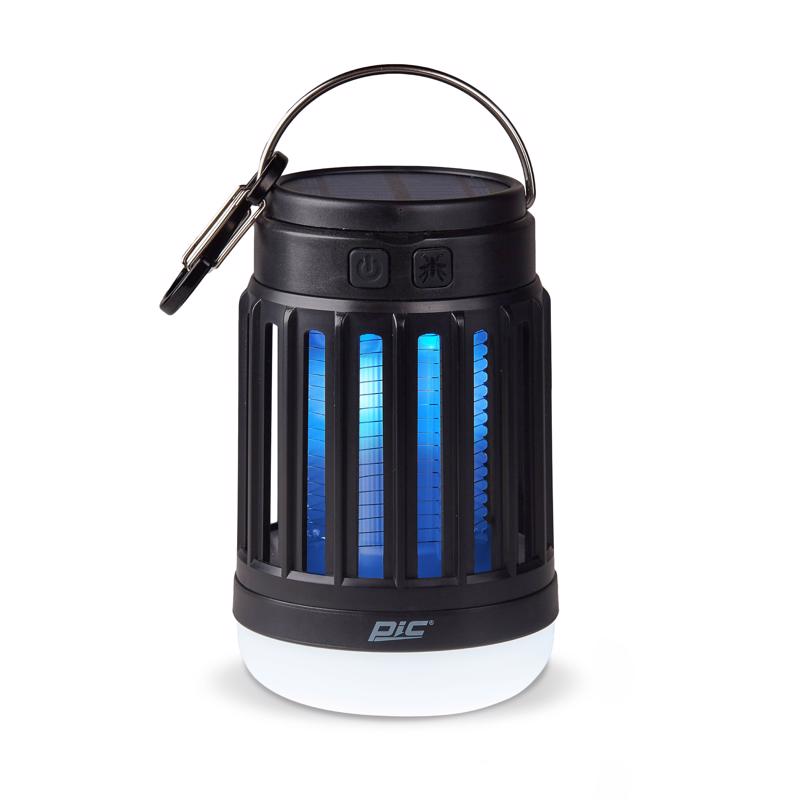 Emery Jensen solar electric bug killer lantern with UV light for outdoor insect control, mounted on a wall in a garden setting.