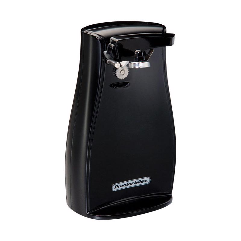 Black electric can opener by Emery Jensen, compact and sleek design, shown ready for use on a can.