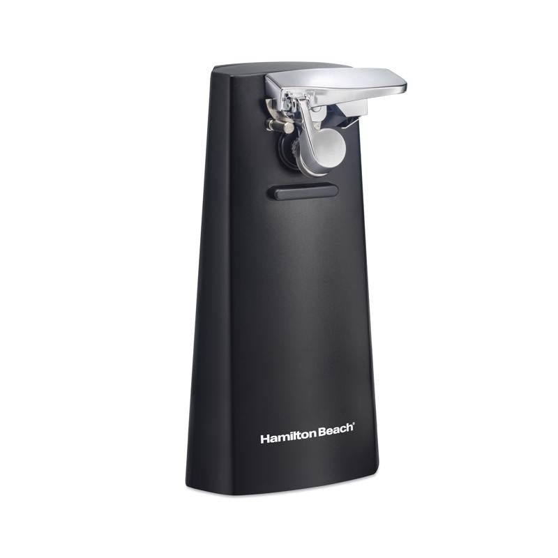 Black electric can opener by Emery Jensen, showing the sleek design and easy-to-use lever for opening cans effortlessly.