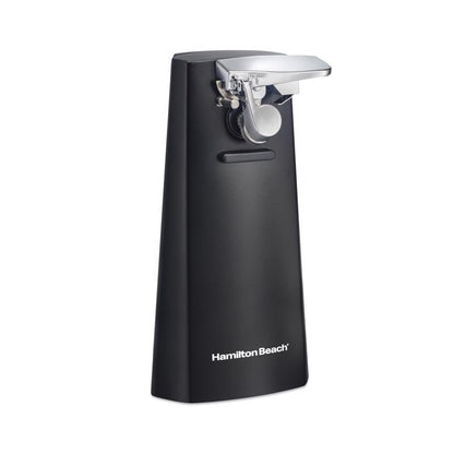 Black electric can opener by Emery Jensen, showing the sleek design and easy-to-use lever for opening cans effortlessly.