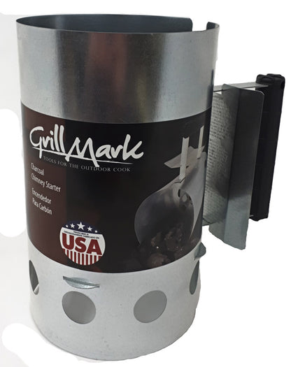 Emery Jensen electric chimney charcoal lighter with a handle and cord, designed for safe and easy lighting of charcoal grills.