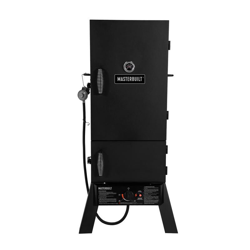 Emery Jensen electric propane smoker, 30-inch chunk smoker, showcasing the appliance with smoking chambers and control panel.
