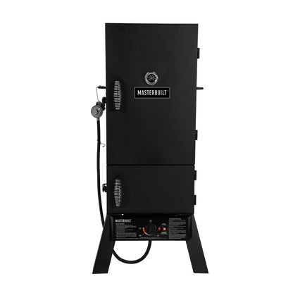 Emery Jensen electric propane smoker, 30-inch chunk smoker, showcasing the appliance with smoking chambers and control panel.