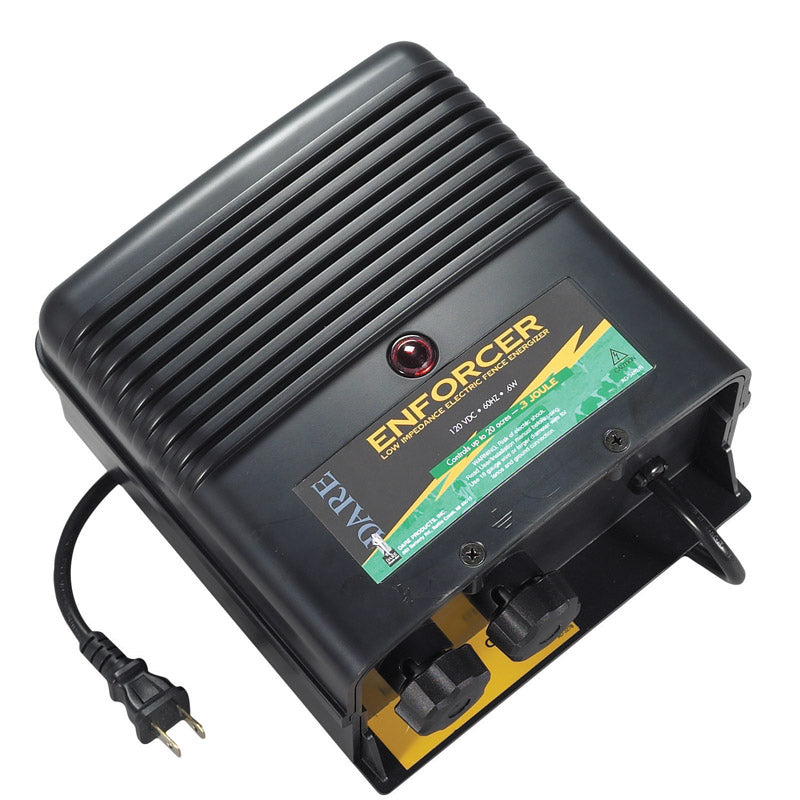 Emery Jensen electric fence charger for 100-acre fencing, compact device with power indicator and grounding connection.