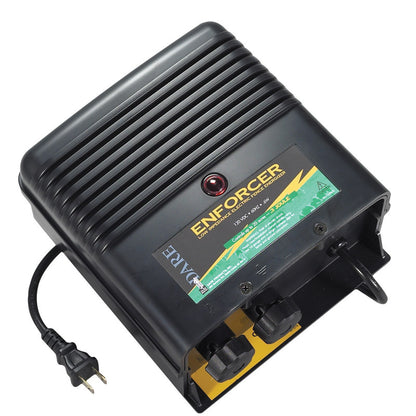 Emery Jensen electric fence charger for 100-acre fencing, compact device with power indicator and grounding connection.