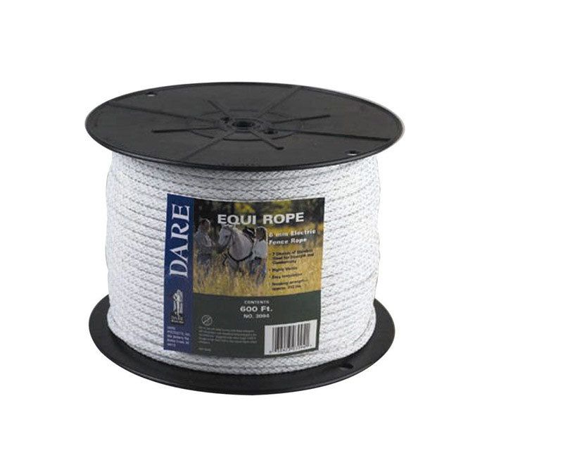 Emery Jensen electric fence wire EQUI ROPE 1/4" x 600' poly for secure livestock fencing, shown in the image.