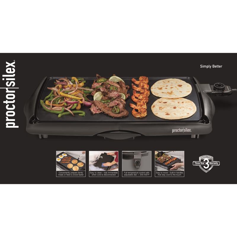 Black electric griddle by Emery Jensen, 200 square inches, ideal for cooking pancakes, sandwiches, and breakfast foods.