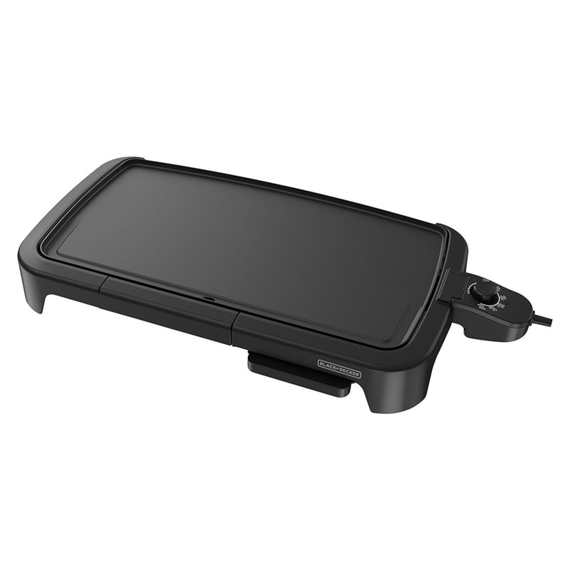 Black electric griddle by Emery Jensen, 13x22 inches, with smooth cooking surface for versatile meal preparation.