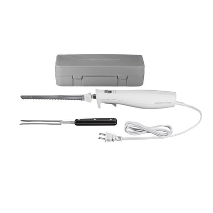 Emery Jensen electric knife with stainless steel blade, white handle, 8-inch size, designed for slicing and carving tasks.