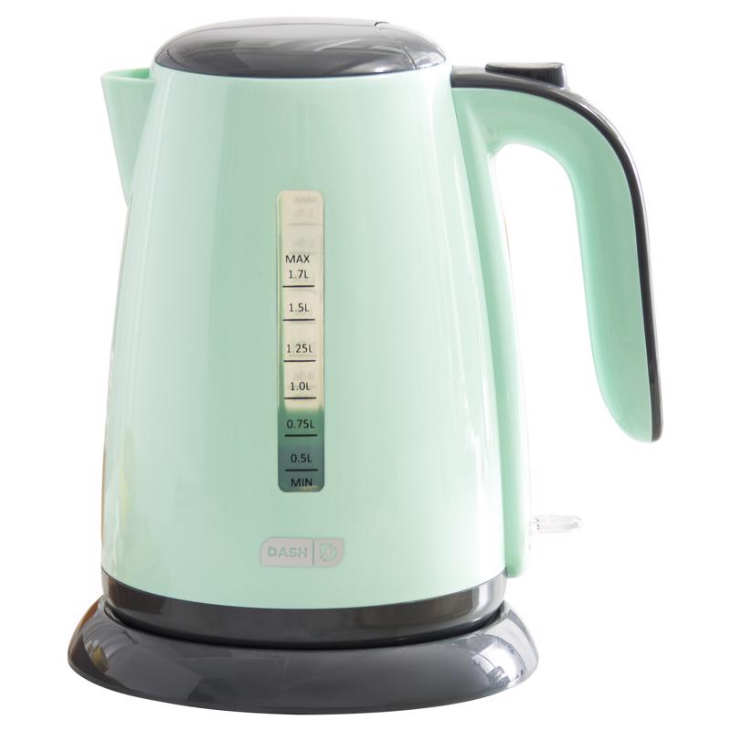 Emery Jensen electric tea kettle in blue, 57 oz capacity, with a sleek modern design and a corded base for easy pouring.