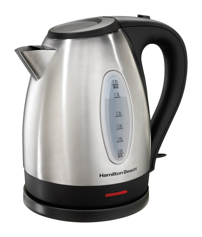 Emery Jensen electric tea kettle in black and silver, 1.7-liter capacity, featuring a sleek design and easy-to-use handle.