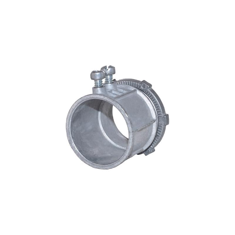 Emery Jensen 1-1/4-inch electrical metal conduit set screw connector showing metal construction and threading for secure conduit connections.