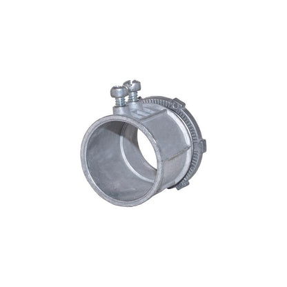 Emery Jensen 1-1/4-inch electrical metal conduit set screw connector showing metal construction and threading for secure conduit connections.