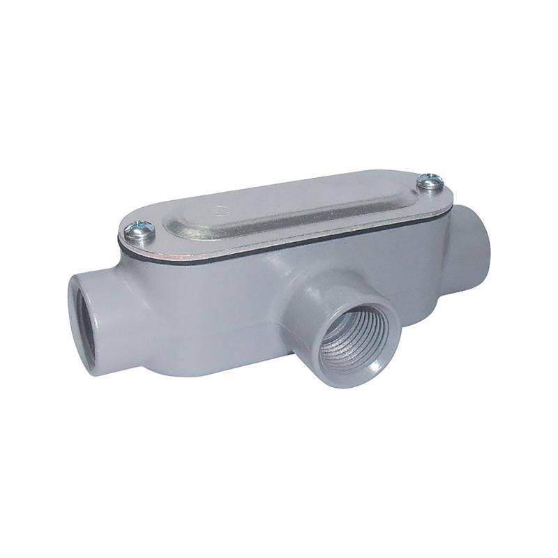 Emery Jensen 1/2-inch electrical metal conduit T-body for conduit connections, sturdy metal construction with threaded ends.