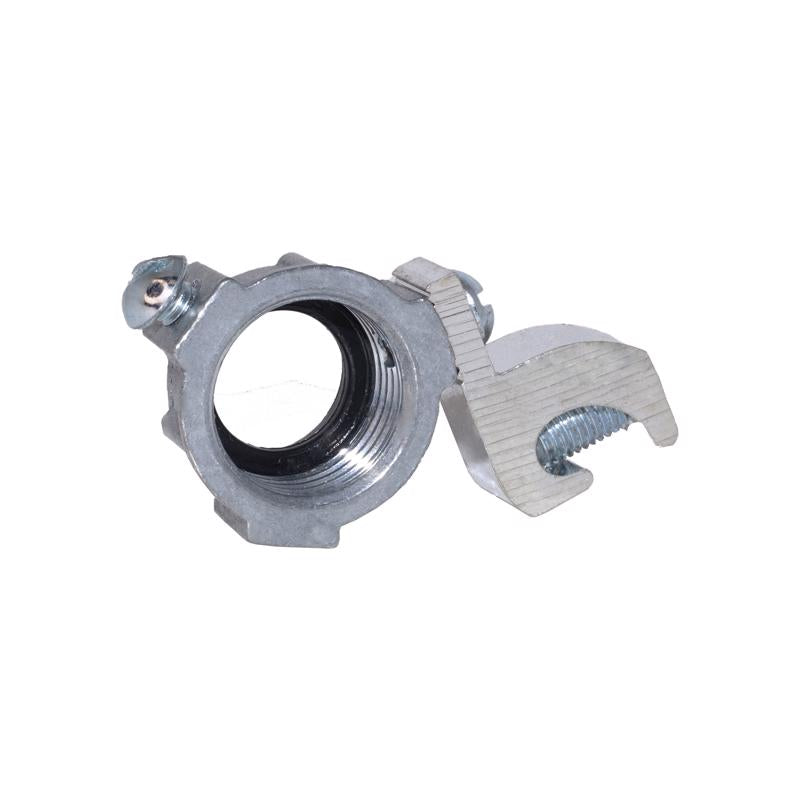 Emery Jensen 1/2-inch insulated grounding bush for electrical metal conduit, lay-in style, shown attached to conduit.