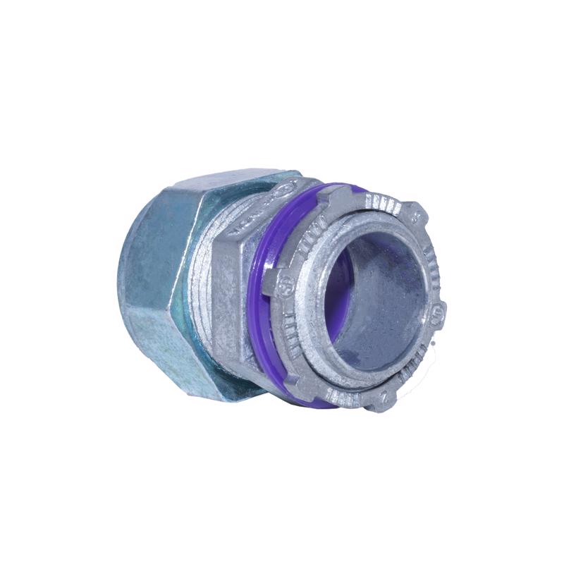 Emery Jensen 1/2-inch RTC compression connector for electrical metal conduit, shown attached to conduit in a wiring setup.