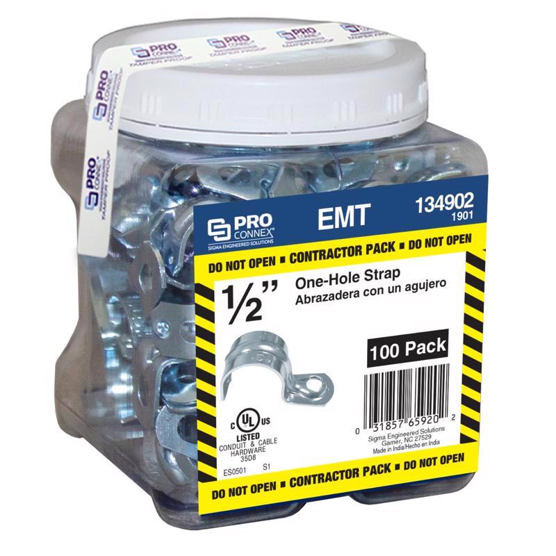 Emery Jensen 1/2-inch EMT electrical straps, 1H type, in a pack of 100, used for securing electrical conduits and fittings.