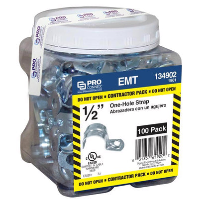 Emery Jensen 1/2-inch EMT electrical straps, 1H type, in a pack of 100, used for securing electrical conduits and fittings.