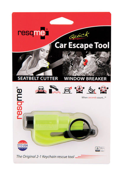 Yellow RESQME Escape Tool from Emery Jensen emergency road kit, designed for vehicle escape and safety.