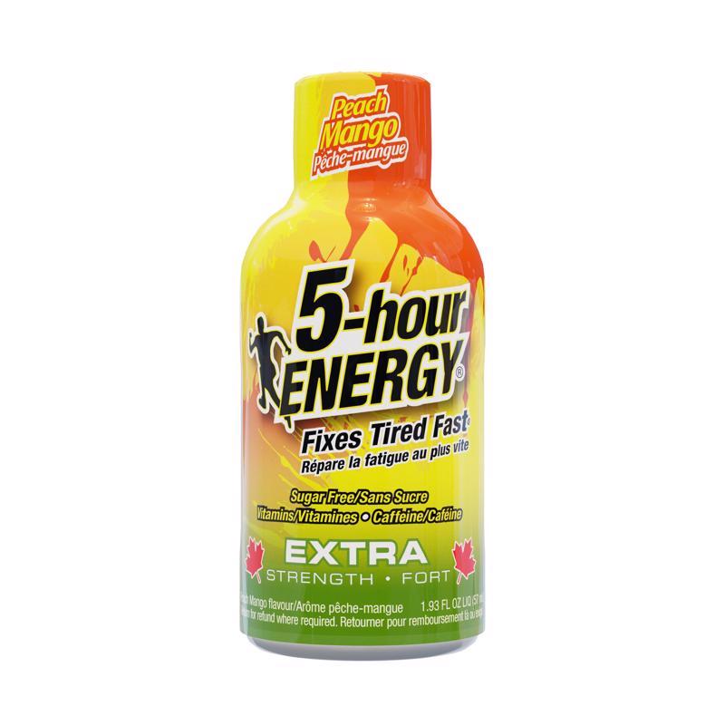 Emery Jensen 5-HR Energy Peach Mango energy drinks pack of 12, featuring colorful cans with peach and mango flavor images.