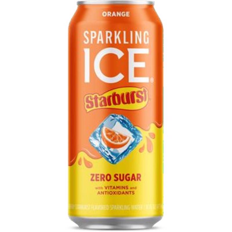 Pack of 12 Emery Jensen BVRG STRBRST ORNG 16oz energy drinks with vibrant orange cans, displayed in a row.