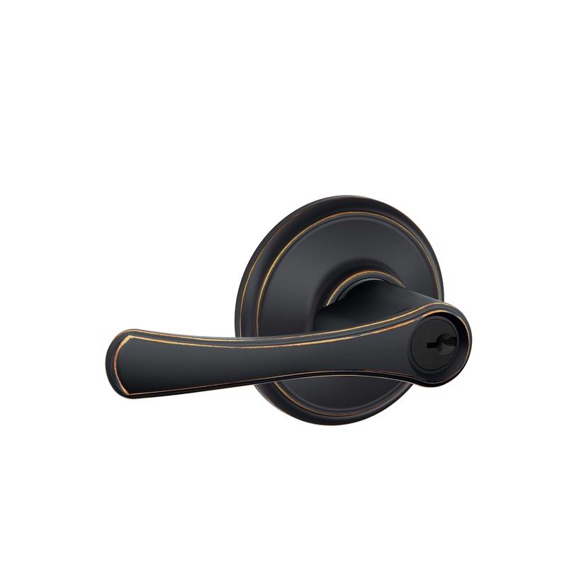Emery Jensen Avila entry lever in antique brass finish, showcasing a sleek door handle with a modern design.