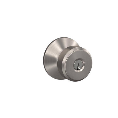 Emery Jensen Bowery entry knob installed on a door, featuring a sleek silver finish and modern design for secure entry.