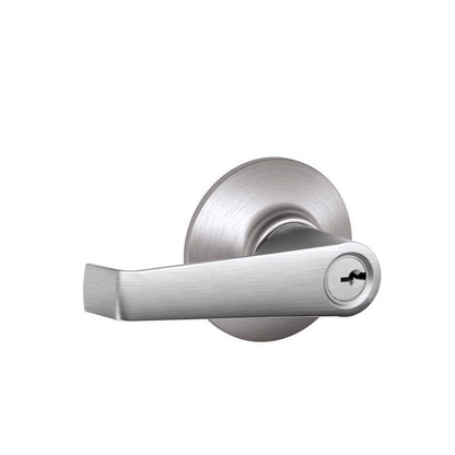 Emery Jensen Elan SC entry lever handle with a sleek, modern design on a door, showcasing the durable metal finish.