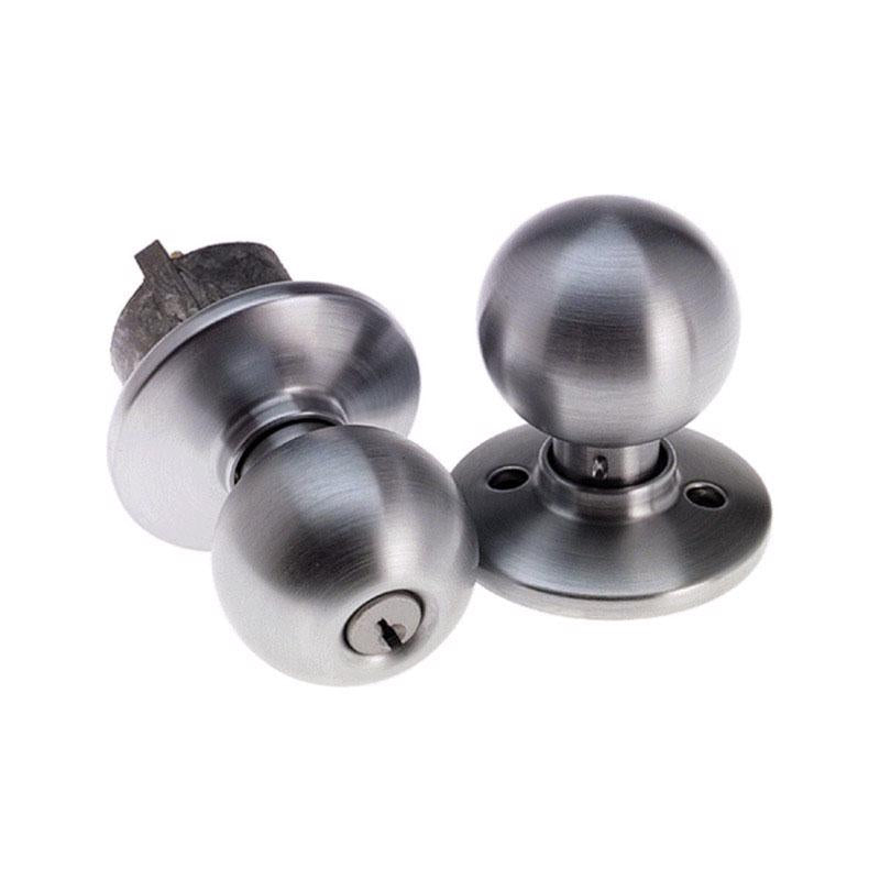 Emery Jensen entry door knob with an orb-style design, featuring a sleek silver finish for a stylish and secure entryway.