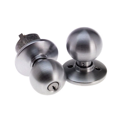 Emery Jensen entry door knob with an orb-style design, featuring a sleek silver finish for a stylish and secure entryway.