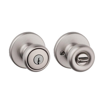 Emery Jensen Tylo SN entry door knob, modern silver finish with round design, suitable for residential entry doors.