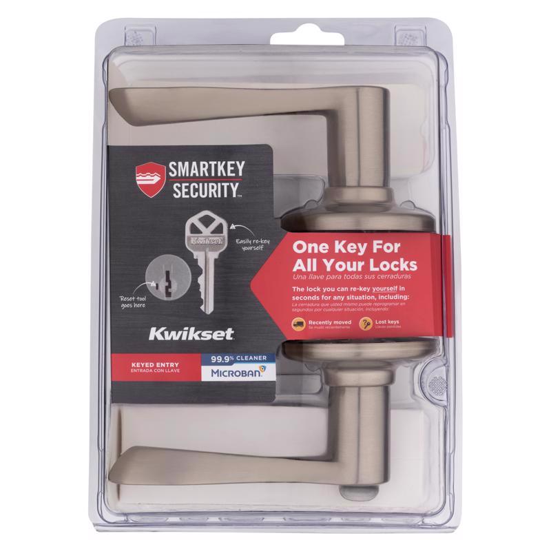 Emery Jensen KW1 STN Nickel entry lever door handle with key lock, installed on a door for secure access.