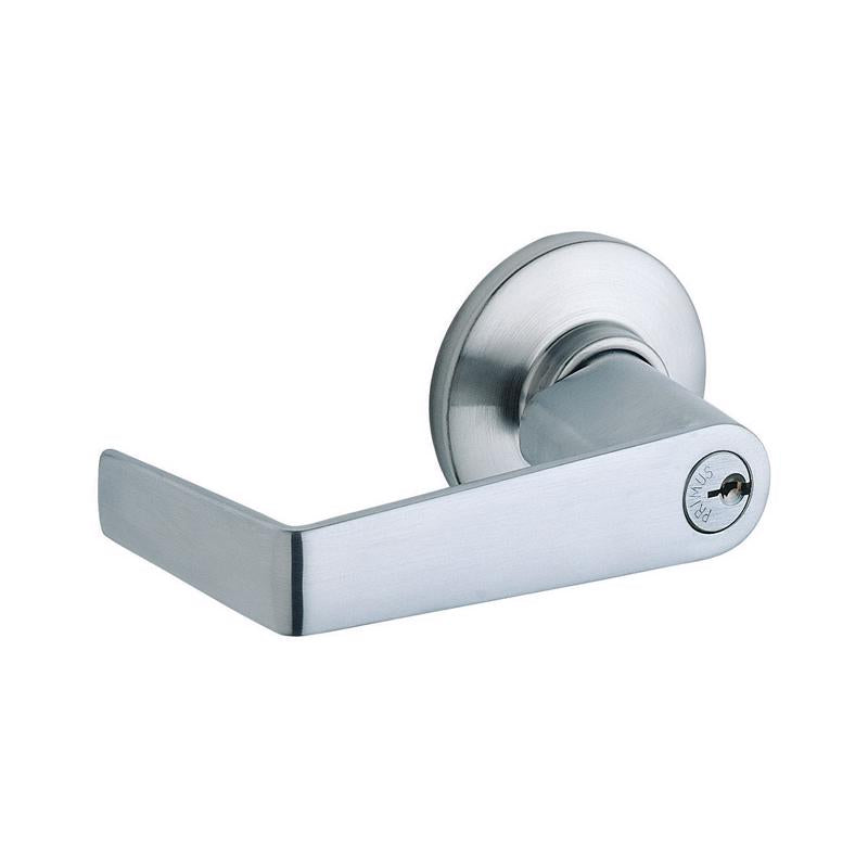 Emery Jensen entry lockset in satin chrome finish with a sturdy handle and lock mechanism for exterior doors.