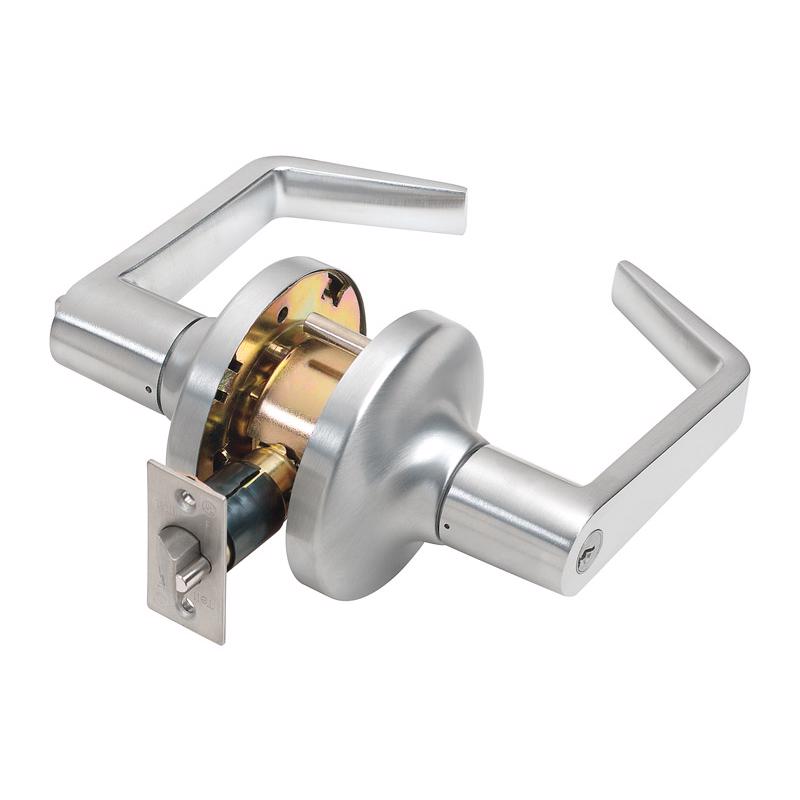 Emery Jensen US26D lever entry door lock showing the brass finish and keyed entry mechanism.