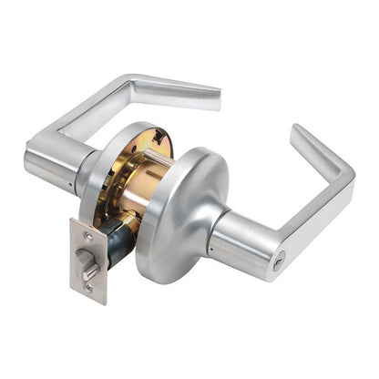 Emery Jensen US26D lever entry door lock showing the brass finish and keyed entry mechanism.