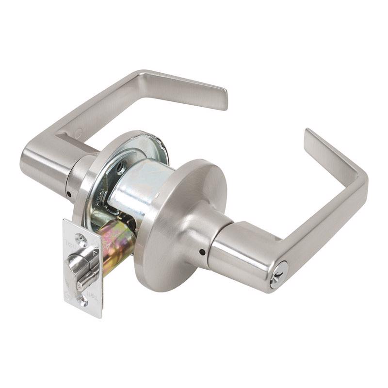 Emery Jensen entry storeroom lever set with a silver finish, featuring a lever handle and deadbolt for secure door entry.