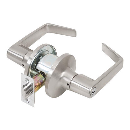 Emery Jensen entry storeroom lever set with a silver finish, featuring a lever handle and deadbolt for secure door entry.