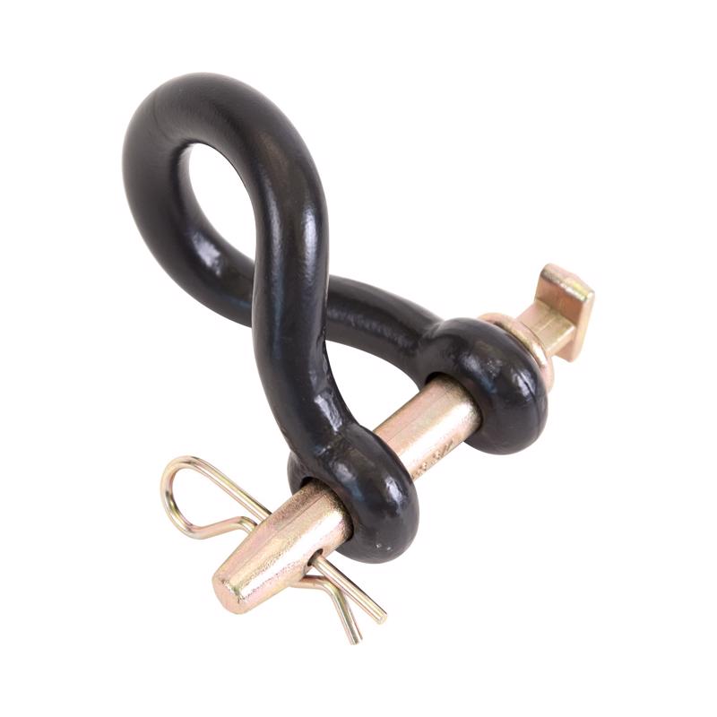 Twisted FS 3/4-inch equipment clevis by Emery Jensen, showing the metal clevis with twisted design and pin for secure fastening.