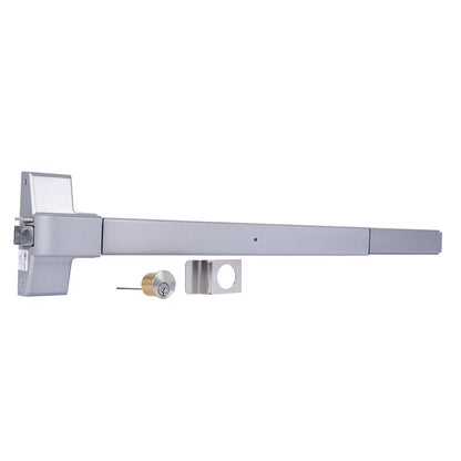 Emery Jensen commercial exit device, exit DVCE ALM, mounted on door with metal frame and safety signage visible.