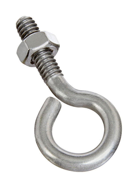 Stainless steel eye bolt from Emery Jensen, 1/4 inch diameter and 2 inches long, with a threaded shank for secure attachment.