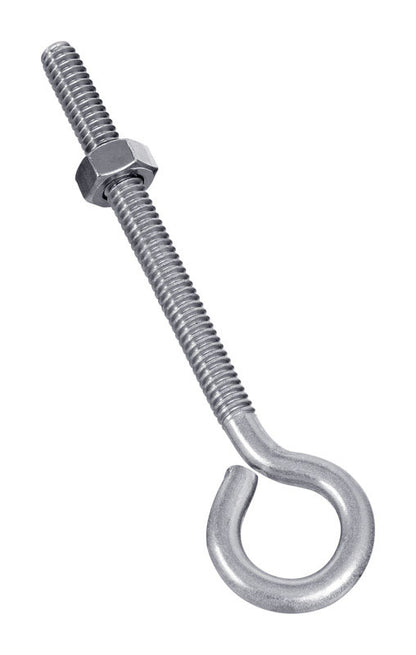 Stainless steel eye bolt 1/4 x 4 inches from Emery Jensen, showing the threaded shank and eye loop for lifting or securing.