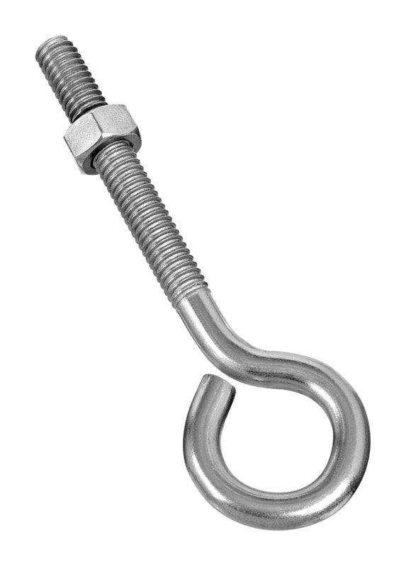 Stainless steel eye bolt from Emery Jensen, 5/16 inch diameter, 4-inch length, showing the threaded shaft and eye loop.