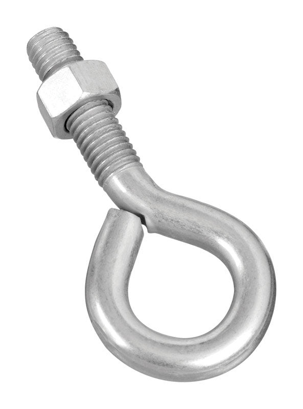 Emery Jensen zinc-plated eye bolt, 1/2 inch diameter by 4 inches long, showing the threaded shank and eye loop for lifting or hanging.