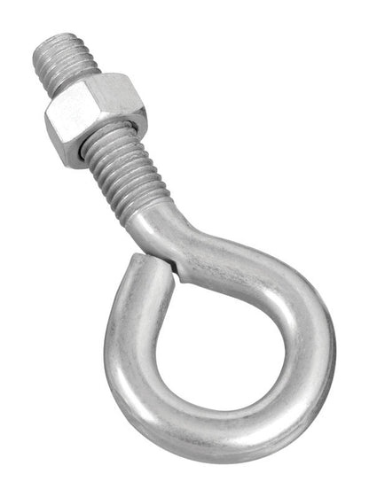 Emery Jensen zinc-plated eye bolt, 1/2 inch diameter by 4 inches long, showing the threaded shank and eye loop for lifting or hanging.