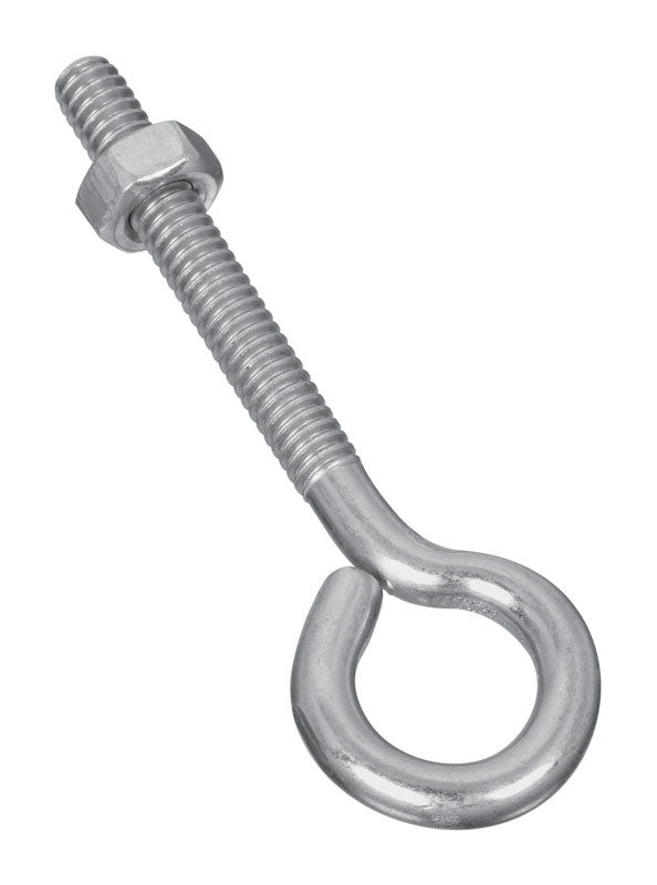 Emery Jensen zinc-plated eye bolt, 1/4 inch by 3 inches, showing the threaded shank and eye loop for lifting or securing.