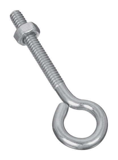 Emery Jensen zinc-plated eye bolt, 1/4 inch by 3 inches, showing the threaded shank and eye loop for lifting or securing.