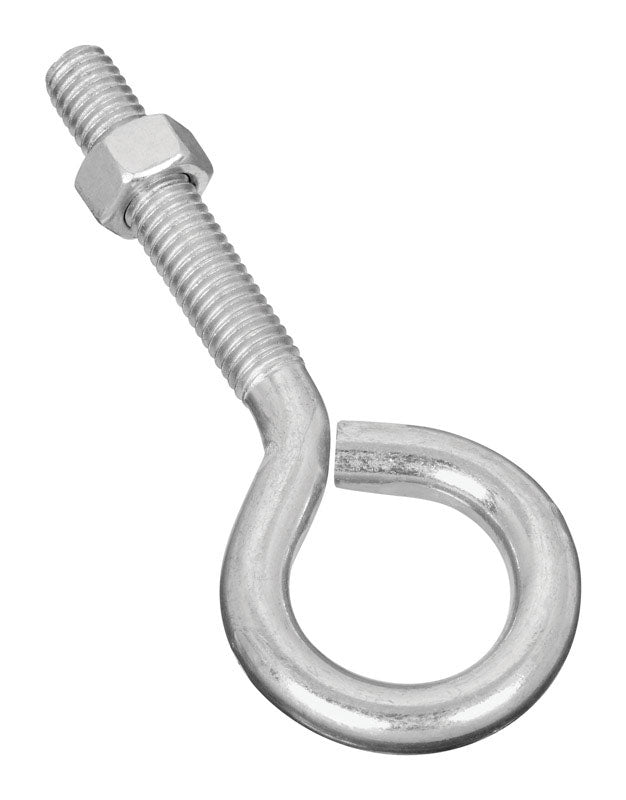 Emery Jensen zinc-plated 3/8x4-inch eye bolt showing a sturdy metal eye with threaded shank for lifting or securing.