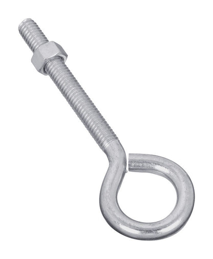 Emery Jensen zinc-plated eye bolt, 3/8 inch diameter and 5 inches long, showing the threaded shank and eye loop for lifting.