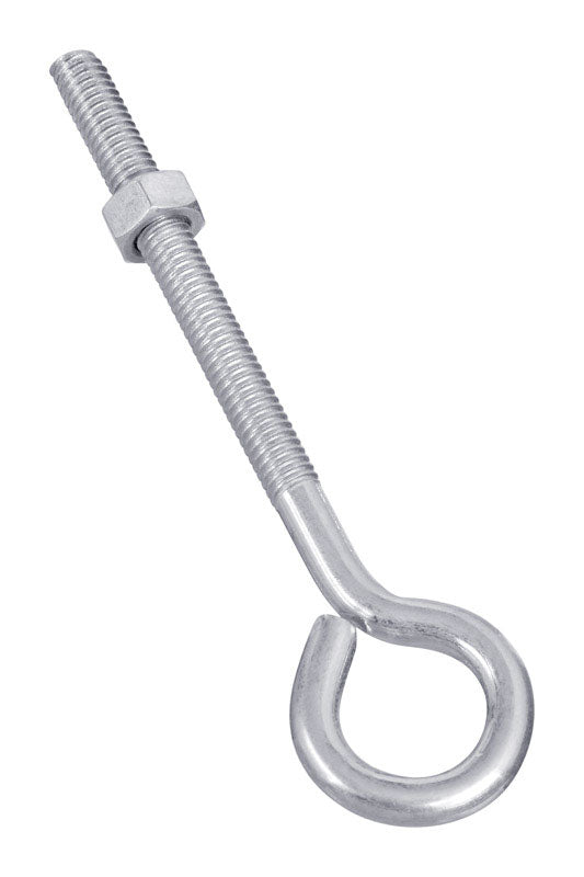 Emery Jensen zinc-plated eye bolt, 5/16 inch diameter, 5-inch length, showing threaded shank and eye loop for lifting or securing.